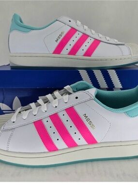 adidas Messi  superstar Hot Pink Stripes and Mint Lining
